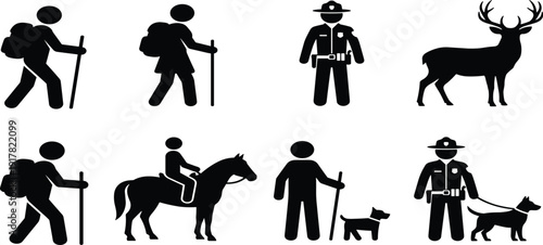 Black Silhouette Set of National Park Activities Including Hiking Horseback Riding Park Ranger and Deer for Outdoor Adventure Nature Travel and Vector