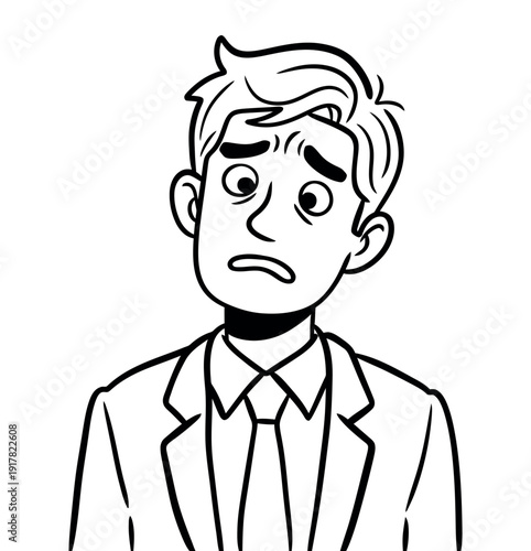 Worried businessman in suit with confused facial expression for workplace stress messaging problem solving guides risk awareness training presentations and customer service communication