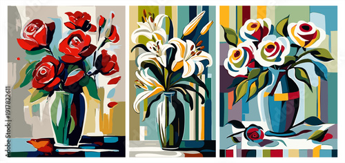 Set of three modern flower posters. Abstract still life illustration of roses and lilies in vases with vibrant colors.