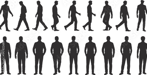 Black men silhouettes collection, walking and standing male icons set, casual people group vector, human profile graphics, adult person nature design.