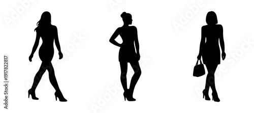 Female silhouettes in elegant poses walking standing and carrying handbag for lifestyle branding social media posts boutique logo event invitations posters and apparel graphics