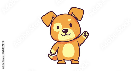 Cute Cartoon Puppy Character Waving Hand with Friendly Smile Isolated on White Background