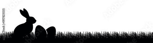 Rabbit and egg silhouette with grass border for spring Easter holiday invitations greeting stationery party flyers nursery decor and seasonal crafts and printing projects