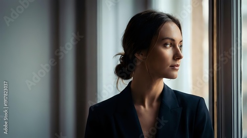 Free Download Professional businesswoman in dark suit gazing thoughtfully through office window, contemplating future opportunities and career growth in corporate environment. - GFXLoad