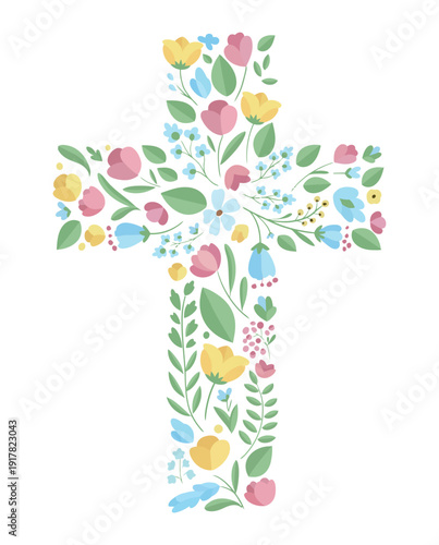 Floral cross with pastel spring flowers and leaves for Easter church invitations faith based stationery posters wall prints wedding programs and spiritual holiday greetings