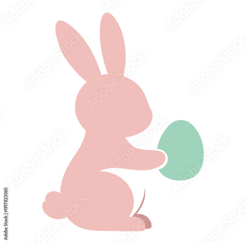 Pastel pink Easter bunny holding green egg for spring holiday greetings party invitations gift tags stickers nursery wall decor classroom activities packaging labels and promotions