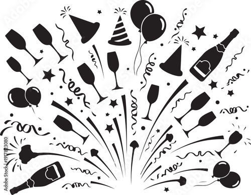 Black and white party celebration icons and symbols illustration