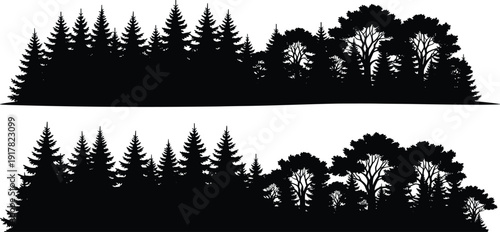 Black Silhouette Set of Pine Spruce and Deciduous Forest Tree Lines for Nature Landscape Panorama Outdoor Background Horizon and Woodland Vector Illustration