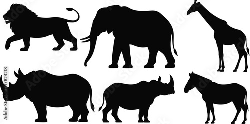 Black safari animal silhouettes collection, African wildlife icons set, savanna creature graphics, elephant and giraffe vector, wild nature zoo design, lion.