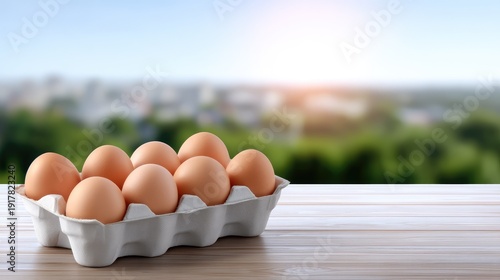 Fresh Brown Eggs in a Carton Placed on a Wooden Table Overlooking a Beautiful Blurred Natural Background with Morning Light and Soft Focus
