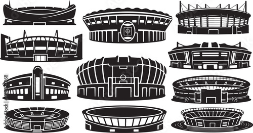 Collection of various stadium illustrations in black and white