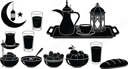 Ramadan iftar table setting with traditional food and drinks