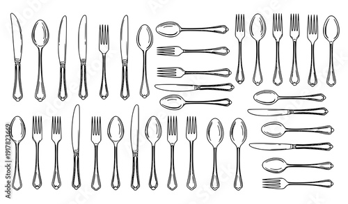 Vintage ornate silver cutlery collection knife fork spoon variations black outline catalog vector illustration