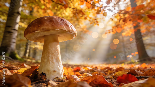Porcini Mushroom in Autumn Beech Forest with Morning Sun Rays and Copy Space