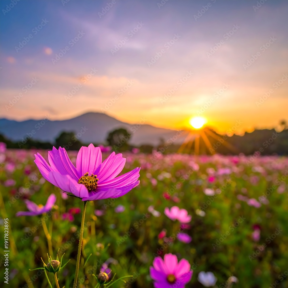 Fototapeta premium Stunning field of blooming pink flowers at sunset, mountains, and sun rays visible