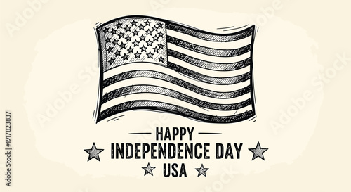 Independence Day USA greeting card with American flag, Happy Independence Day text and stars, vector illustration.