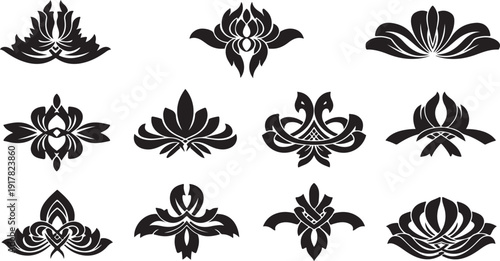 Set of black floral designs and decorative lotus flowers