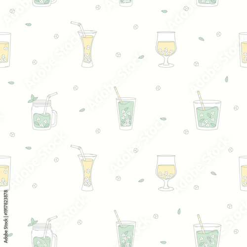 Fresh Summer Drink Lemonade Seamless Pattern. Refreshing Mint Green and Yellow Cocktail in Drinking Glasses with Ice Cubes on White Background. Minimalist Square template. Vector Illustration