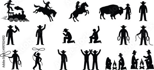 Black Silhouette Set of Western Cowboys Riding Horses Lassoing Cattle and Sitting by Campfire for Wild West Adventure American Frontier Vector Illustration