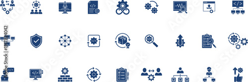 system icons silhouettes featuring gear mechanisms, network connectivity diagrams, computer monitors with code, security shields, and organizational hierarchies.