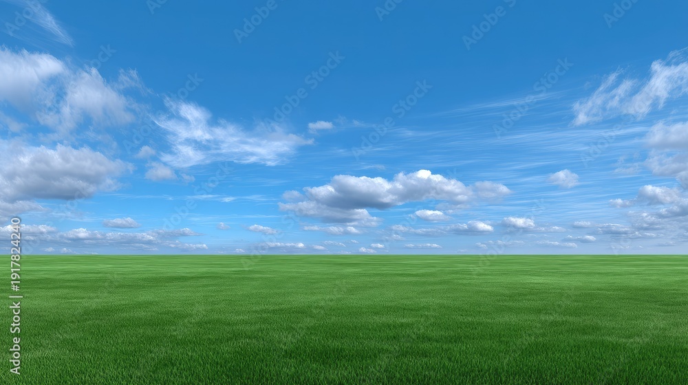 Fototapeta premium Vast Green Field Under a Bright Blue Sky with Fluffy White Clouds for Nature, Landscape, and Outdoor Themes