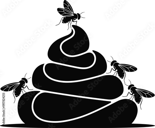 Pile of poop with flies silhouette illustration, dirty feces symbol, sanitation and hygiene problem concept isolated on white background