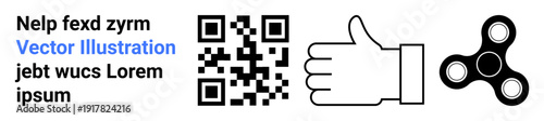 Digital communication, approval concepts, authentication, gaming, promotional assets, technology. QR code, thumbs-up graphic spinner design with placeholder text. Digital media and approval concepts