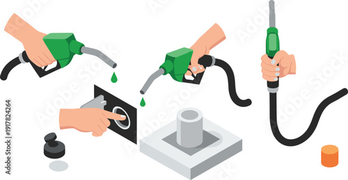 Fuel Pump Nozzle Filling Car at Gas Station with Hand Holding Petrol Dispenser Energy Refueling Process Flat Vector Illustration.