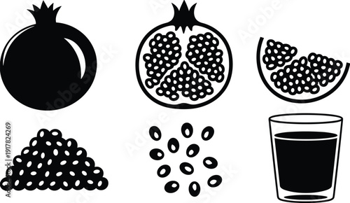 Pomegranate fruit set, whole sliced seeds and juice glass, black and white vector illustration isolated on white background