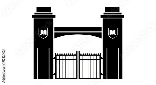 Black and White Gate Illustration with Shields.