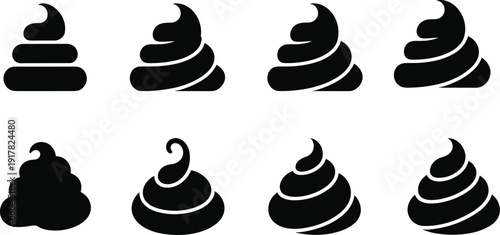 Poop emoji silhouette set, cartoon swirl feces icon isolated on light background humorous 