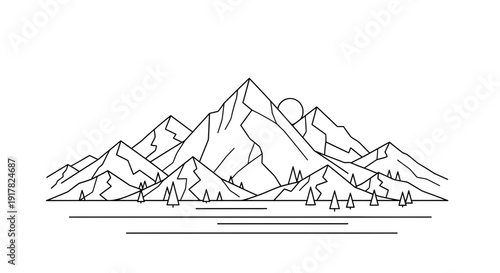 Simple Line Drawing of Mountain Range.