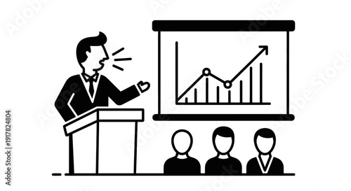 Businessman presenting graph to audience at podium.