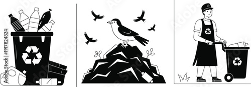 Recycling concept illustration with plastic waste bin landfill pollution birds and sanitation worker, environmental protection vector design