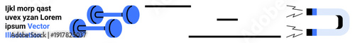 Scientific principles, energy transfer, physics studies, high school education, strength training, attraction. Dumbbells connected by a line to a magnet. Energy transfer and physics studies concept