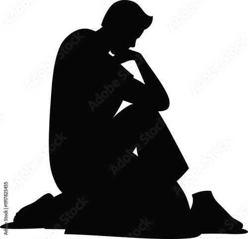 Sad man silhouette sitting alone, depression and loneliness concept illustration, mental health awareness symbol isolated on white background