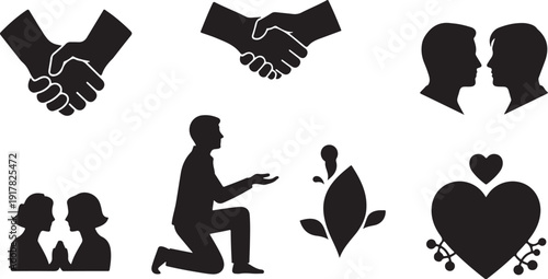 Black silhouettes of loving couples and friendship icons set