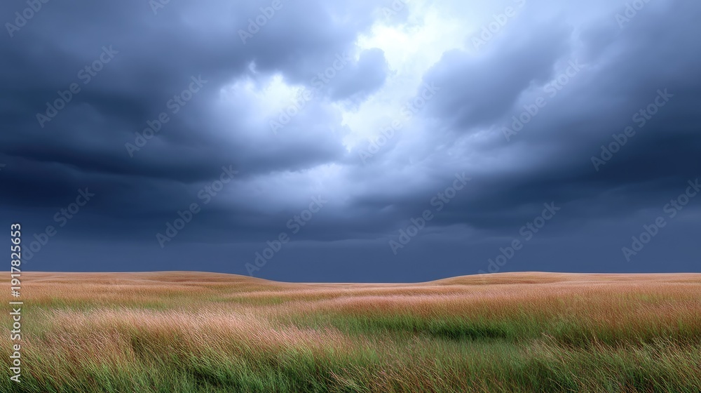 Obraz premium Dramatic Sky Over Expansive Grassland with Thunderous Clouds and Lush Greenery for Natural Landscape Photography and Scenic Views