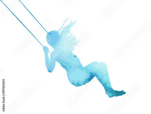 Silhouette of a blue watercolor girl riding a swing. vector illustration. hand drawn. Not AI.