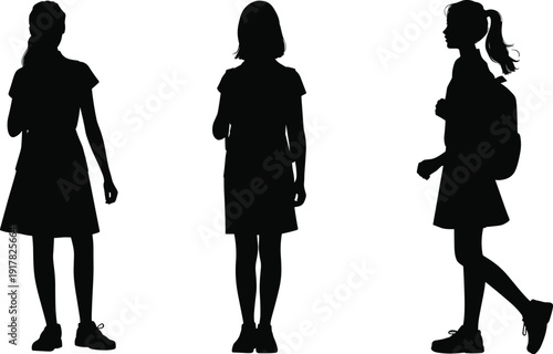School girl silhouette set, student with backpack standing and walking poses, education concept isolated on white background