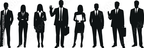 Black silhouettes of business professionals in formal suits standing in a row for corporate team leadership and career recruitment designs.