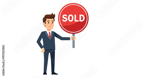 Man Holding Sold Sign Cartoon Character.