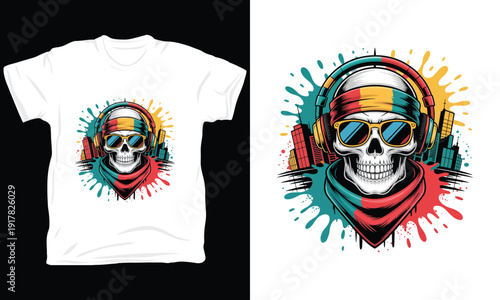 Cool DJ Skull with Headphones and Sunglasses Colorful Vector Art