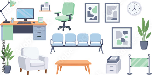 Modern Office Interior Furniture Vector Illustration Set with Desk Computer Chair Waiting Area Armchair Coffee Table and Decorative Plants.
