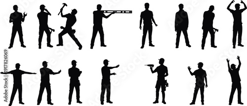 Construction worker silhouette collection, builder and laborer action poses set, black human figures with tools, industrial occupation themed vector illustration