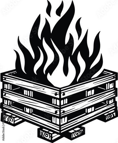 Wooden crate fire pit silhouette, burning campfire flame in box brazier isolated on white background vector illustration