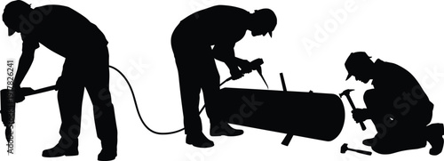Construction worker silhouettes operating power drill and hammer on industrial pipe, manual labor teamwork concept, black vector illustration isolated on white background