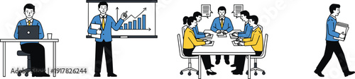 Business people illustration set, office teamwork meeting presentation corporate professionals working laptop charts discussion walking manager modern workplace icons design
