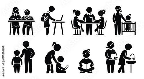 School and learning icons depicting student life, studying, homework, and personal hygiene, vector illustrations representing education, classroom activities, academic routines, healthy habits, and 
