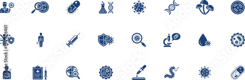 Scientific research and healthcare icon silhouettes collection showcasing DNA structure, pathogen microbes, medicine capsules, clinical syringes and immune response symbols.